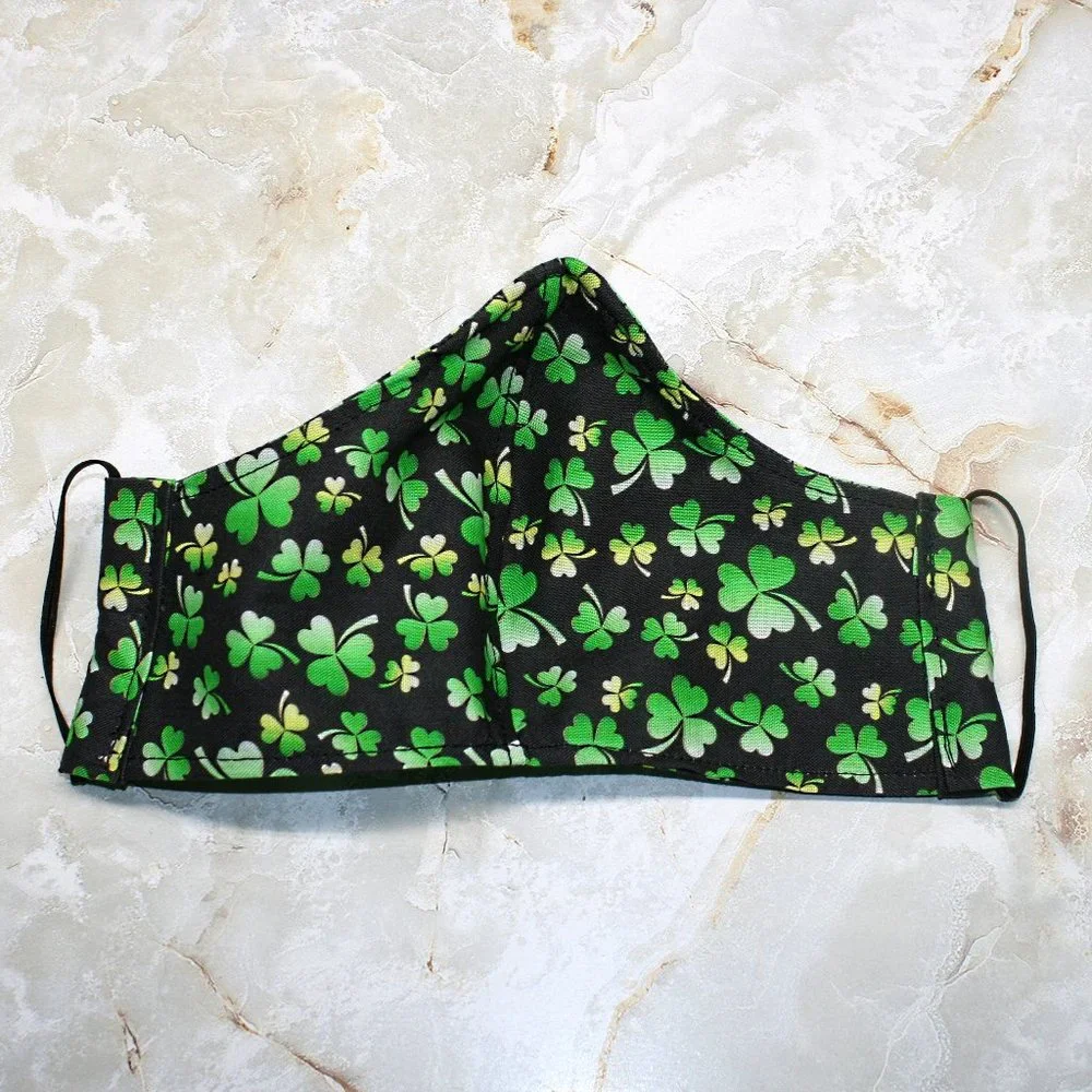 HAND CRAFTED Face Mask Black Shamrock Print Cotton - Adult - Shield Style - Picture 5 of 12